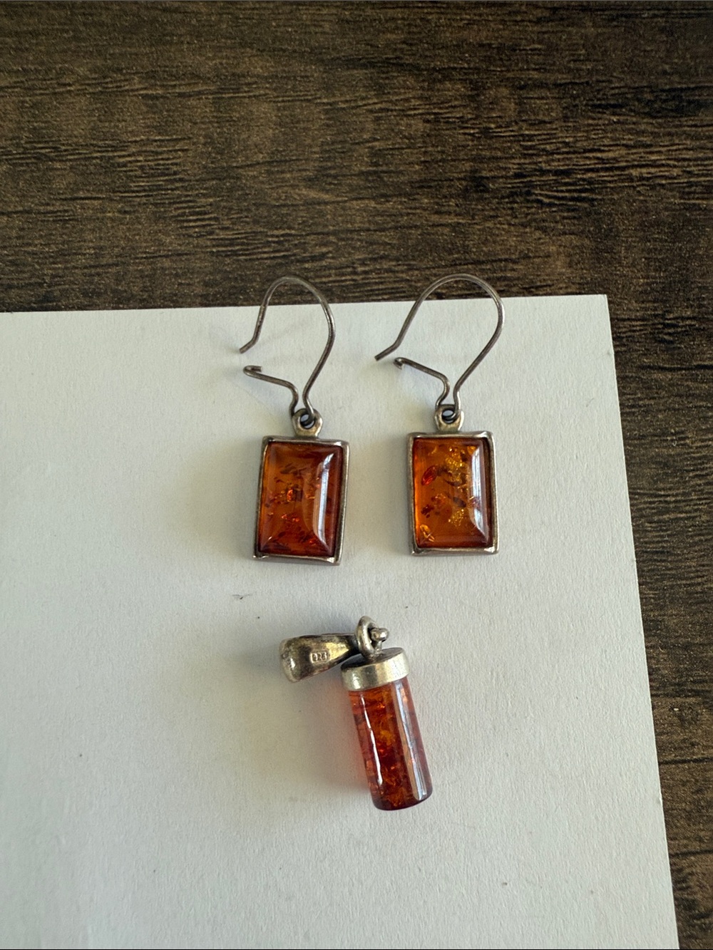 Sterling Amber Rectangular Drop Earrings and Amber Pendant - Brown